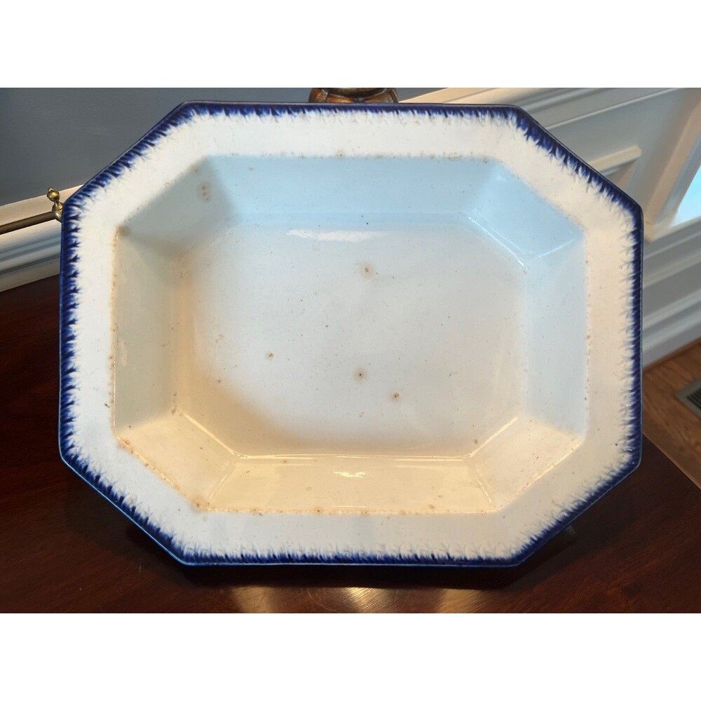 Antique Leeds Deep Serving Platter / Bowl Octagonal Feather Edge Flow Blue